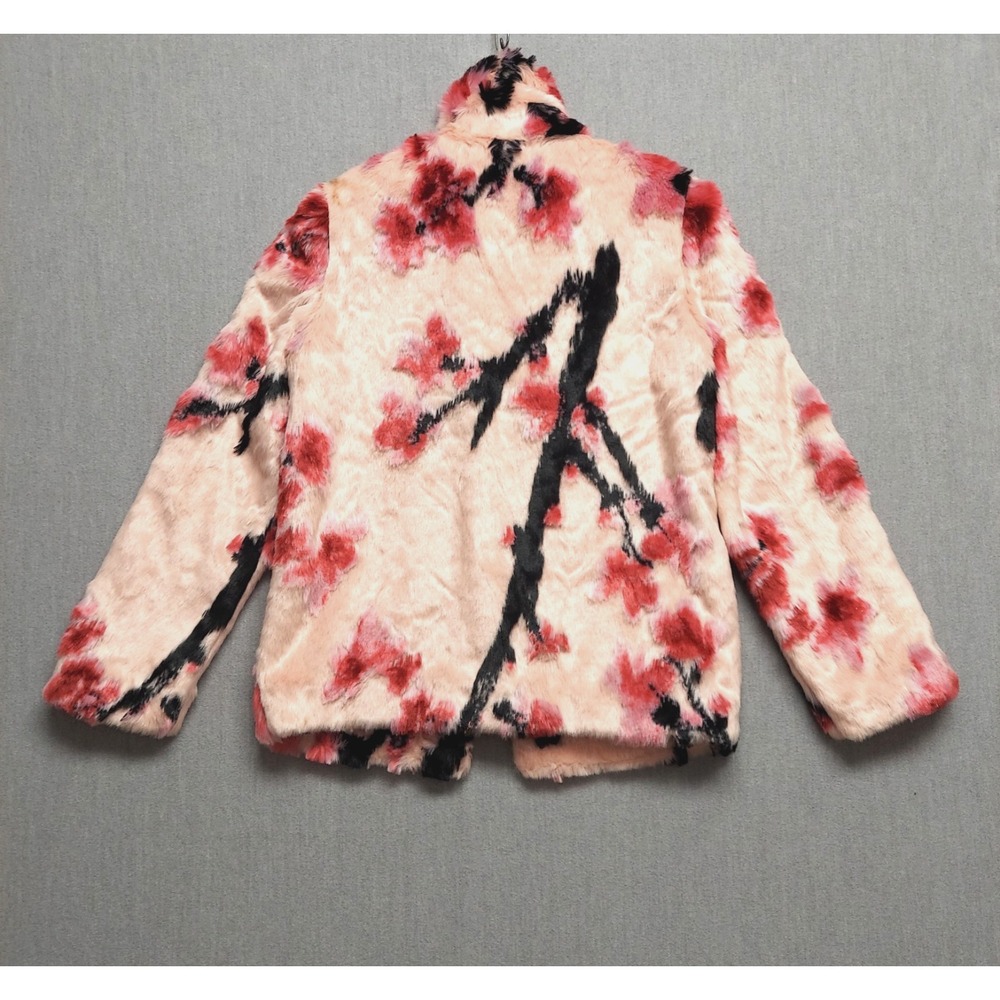 GUESS Faux Fur Floral Coat Womens XS Pink Cherry Blossom Y2K Glam Luxe Jacket - Picture 6 of 16